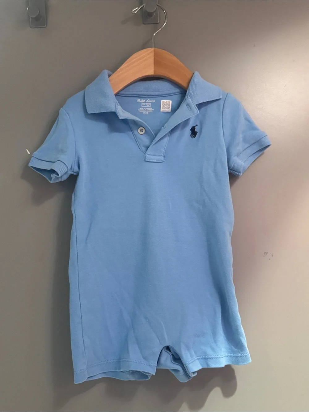 Ralph Lauren Light Blue Polo Romper with Navy Pony